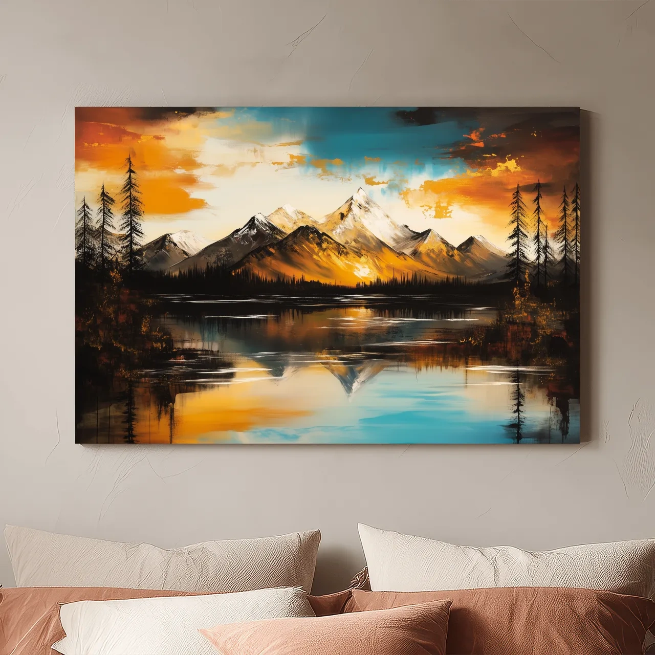 Alpine Mountain Sunset Oil Painting - Abstract Landscape Wall Art