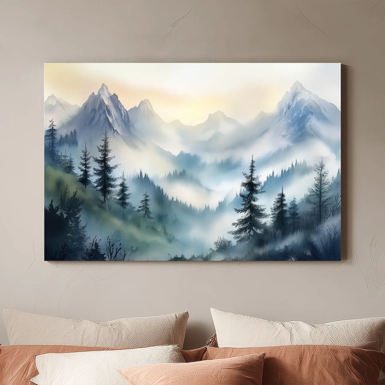 Chinese Ink Wash Watercolor Mountain Peaks - Foggy Alpine Wall Art