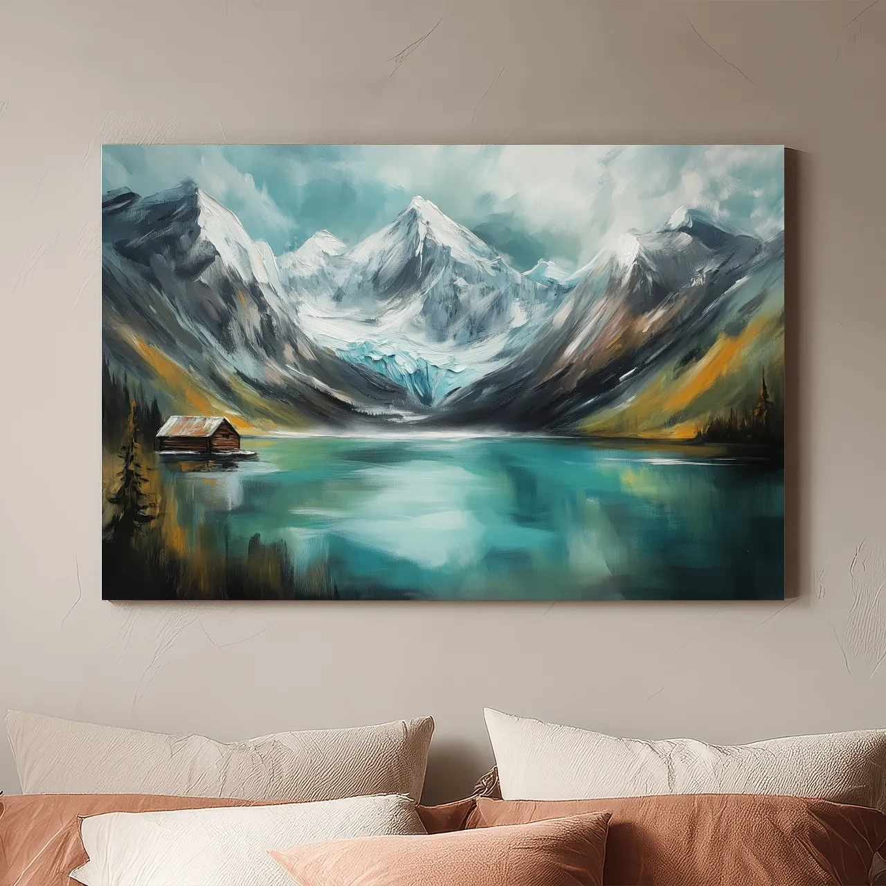 Turquoise Alpine Lake Cabin Painting - Snowy Mountain Landscape Wall Art