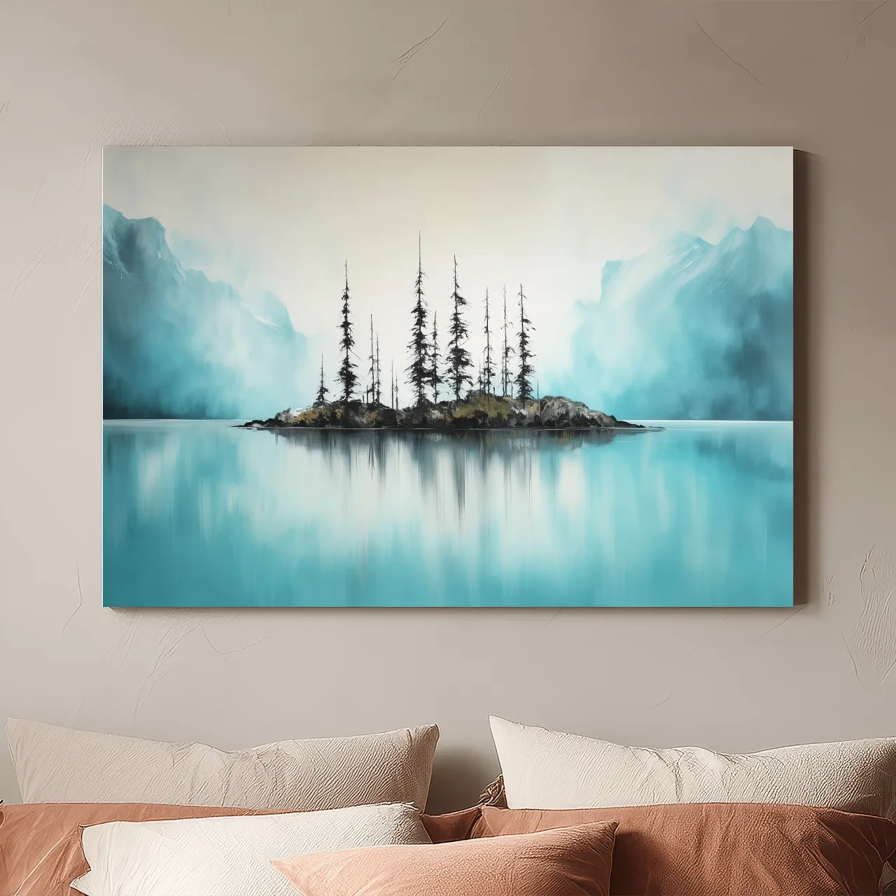 Misty Turquoise Mountain Lake Reflection - Minimalist Watercolor Landscape Wall Art