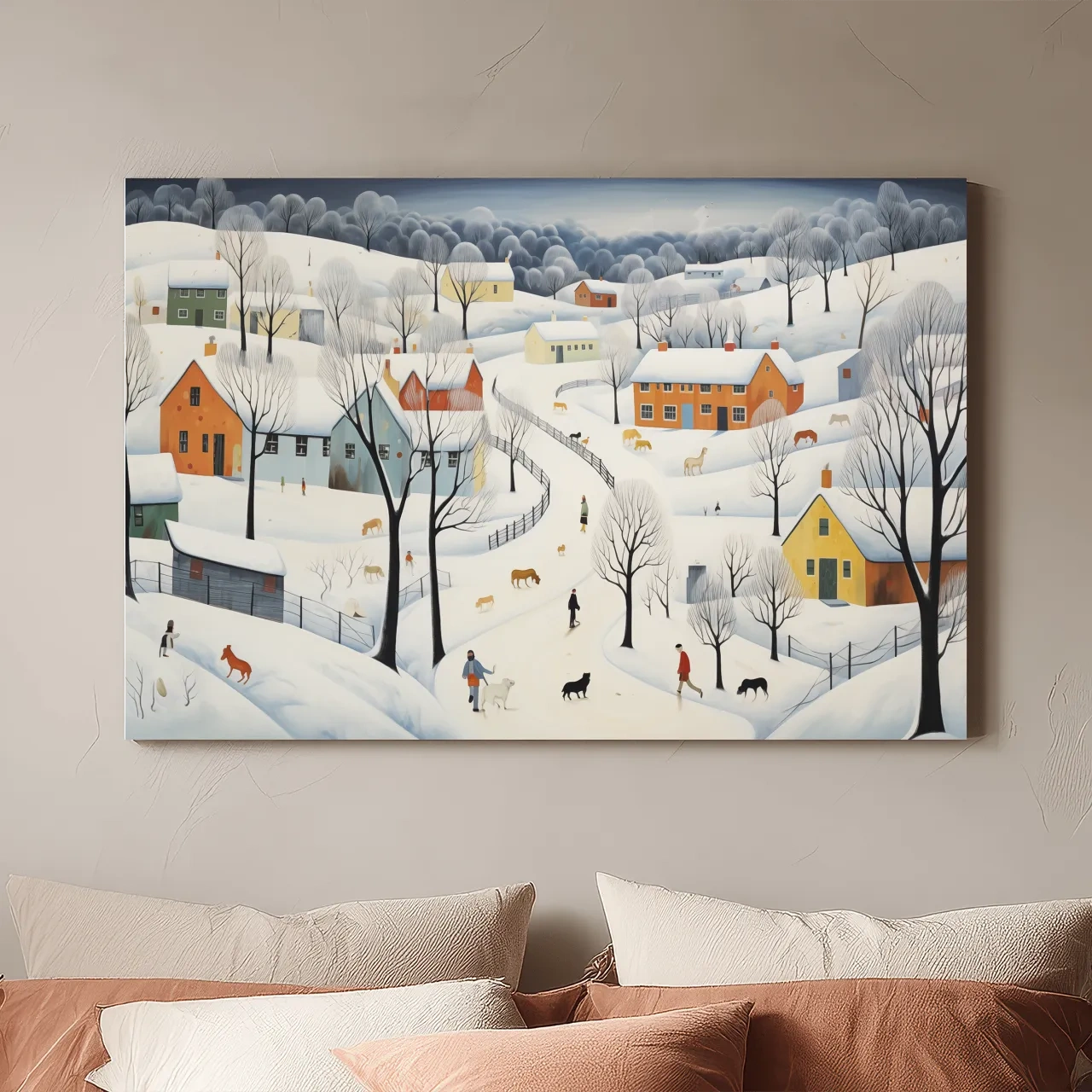 Whimsical Snowy Village Winter Landscape Painting - Folk Art Countryside Wall Art