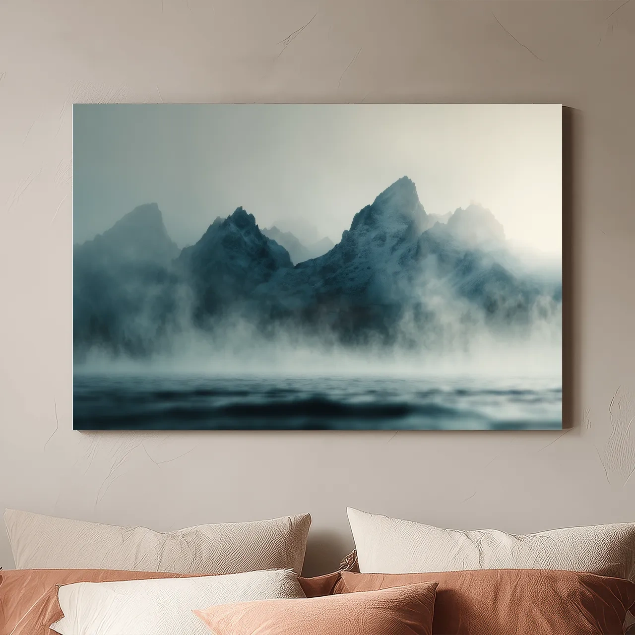 Moody Misty Mountain Peaks Over Water - Atmospheric Monochrome Landscape Wall Art