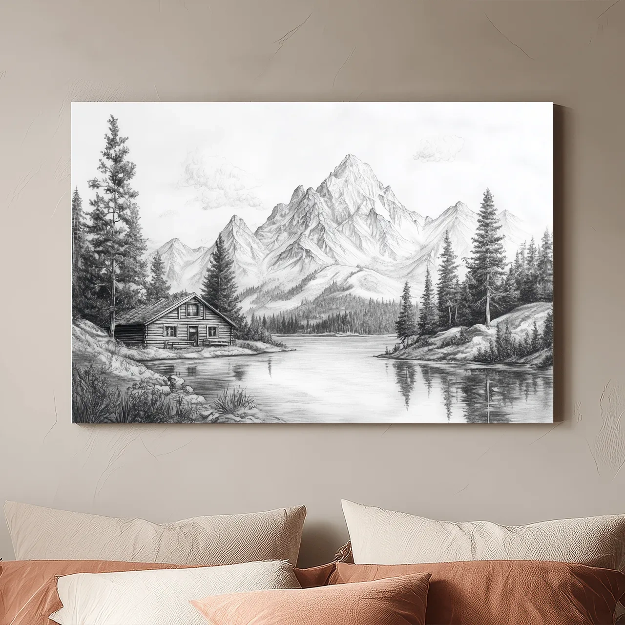 Vintage Pencil Sketch Alpine Lake Cabin - Black And White Mountain Landscape Wall Art