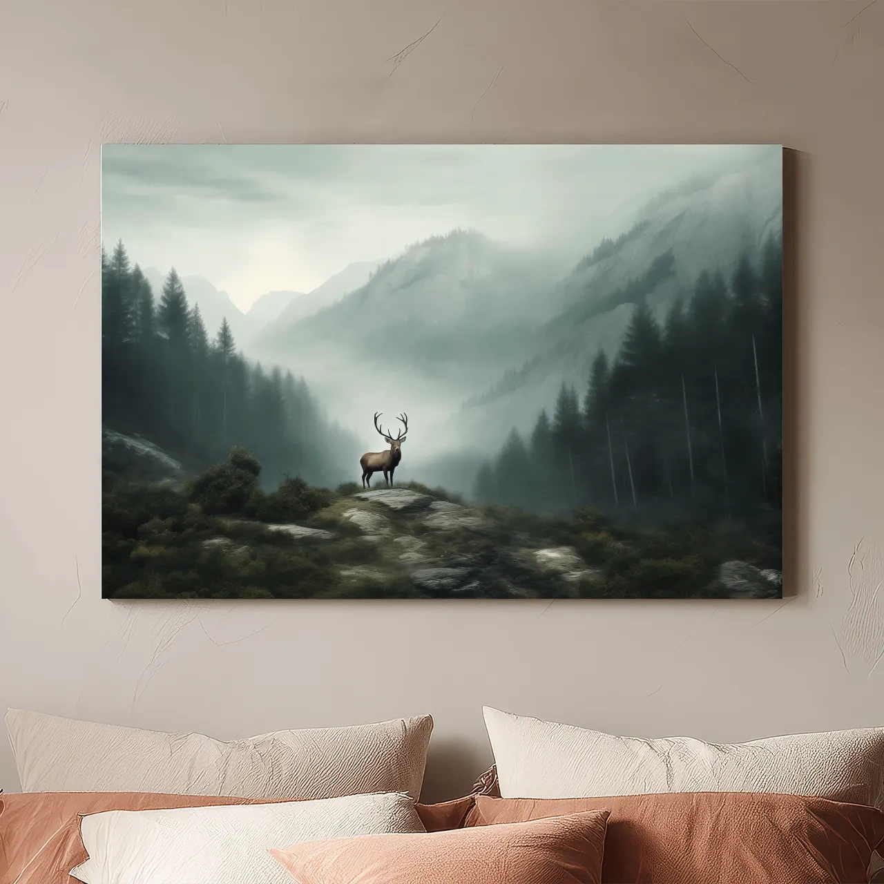 Moody Misty Mountain Deer Landscape - Atmospheric Forest Wildlife Wall Art