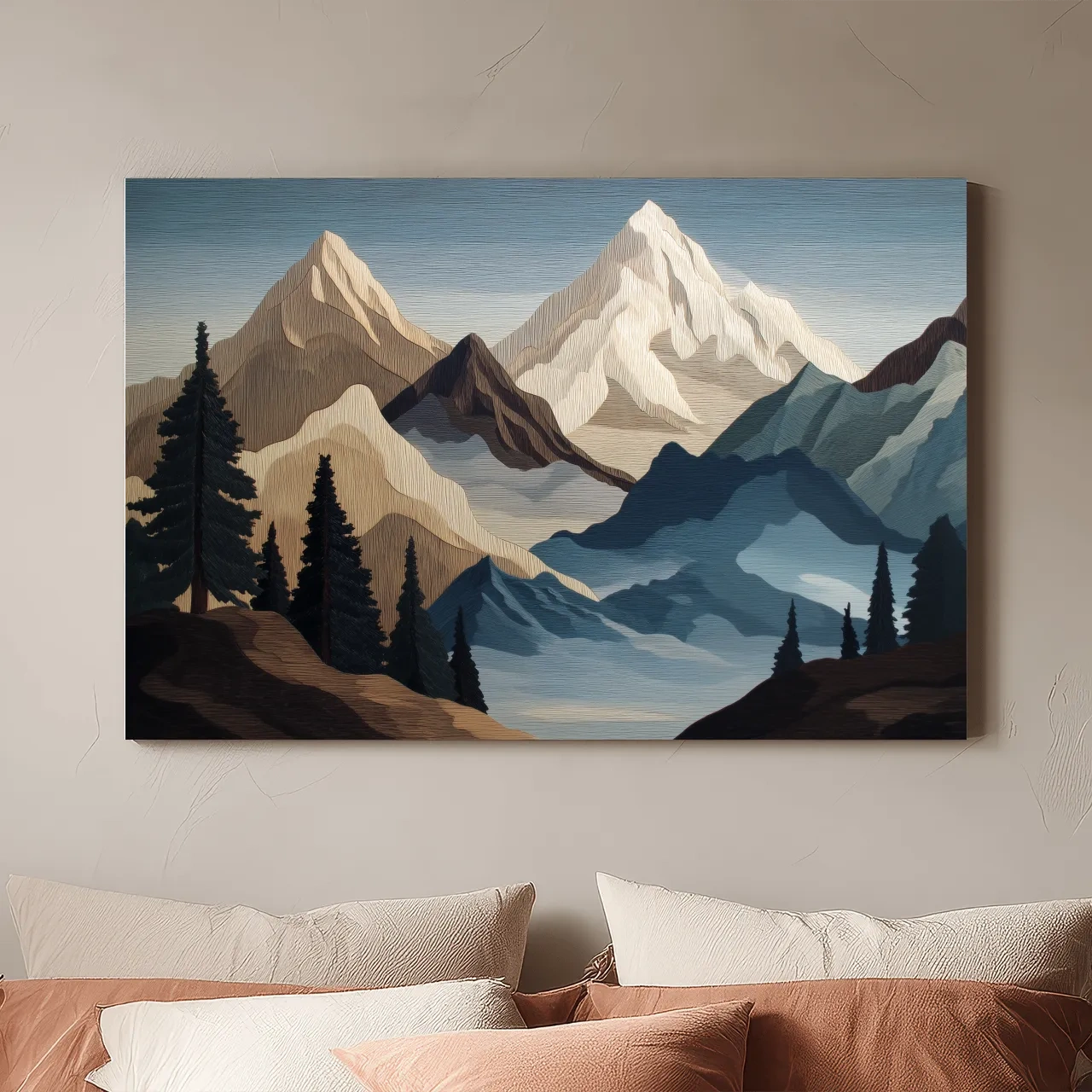 Textured Layered Alpine Mountain Peaks - Scenic Forest Wall Art