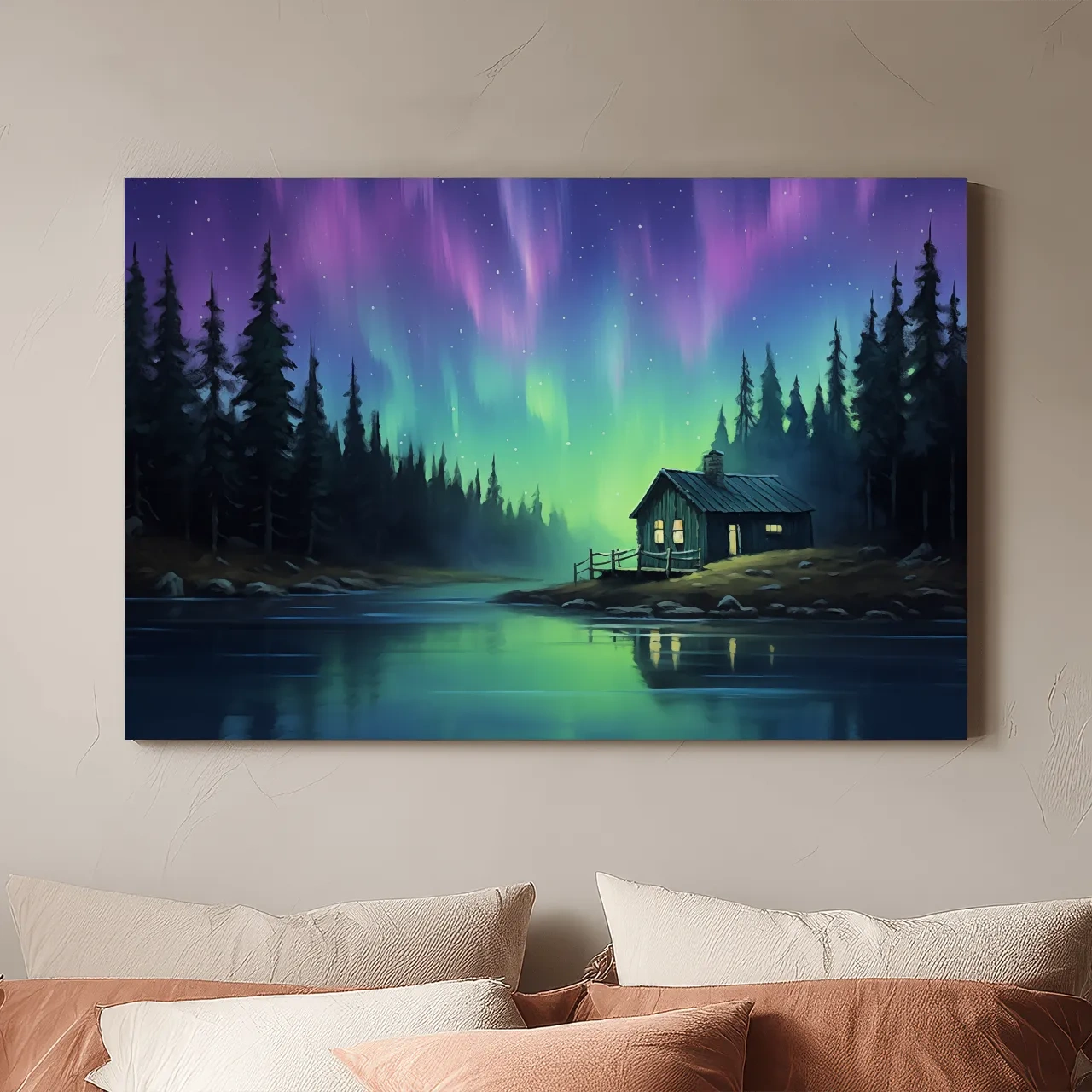 Northern Lights Over Lakeside Cabin Painting - Aurora Borealis Night Wall Art