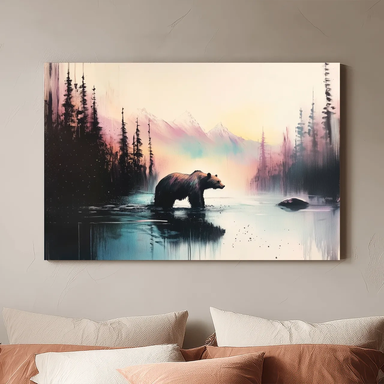 Moody Watercolor Grizzly Bear Lake Reflection - Misty Mountain Wilderness Wall Art