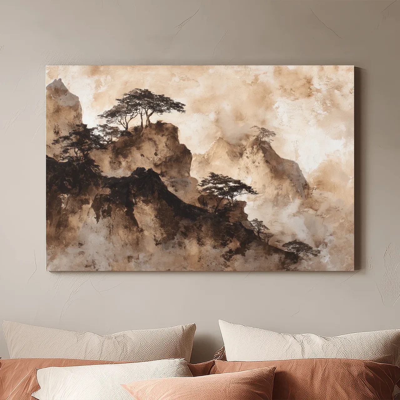 Sepia Japandi Mountain Ridge Painting - Atmospheric Ink Wash Art
