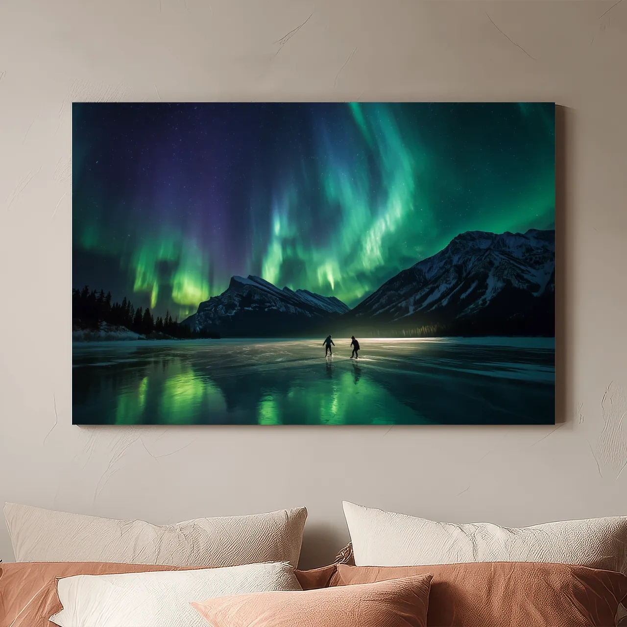 Ice Skaters Under Vibrant Northern Lights - Aurora Borealis Photographic Wall Art