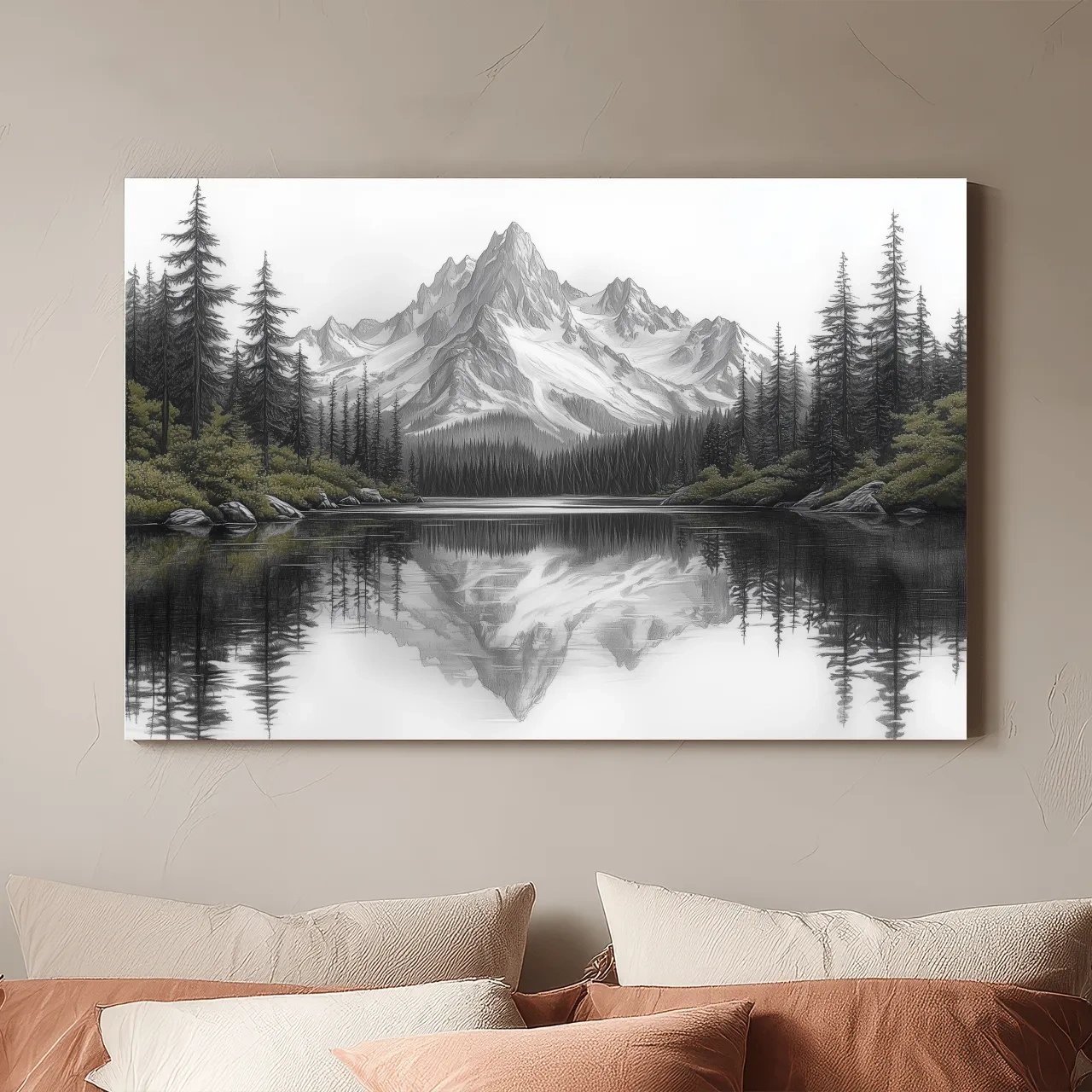 Monochrome Alpine Mountain Lake Reflection Sketch Artwork - Minimalist Forest Landscape Wall Art