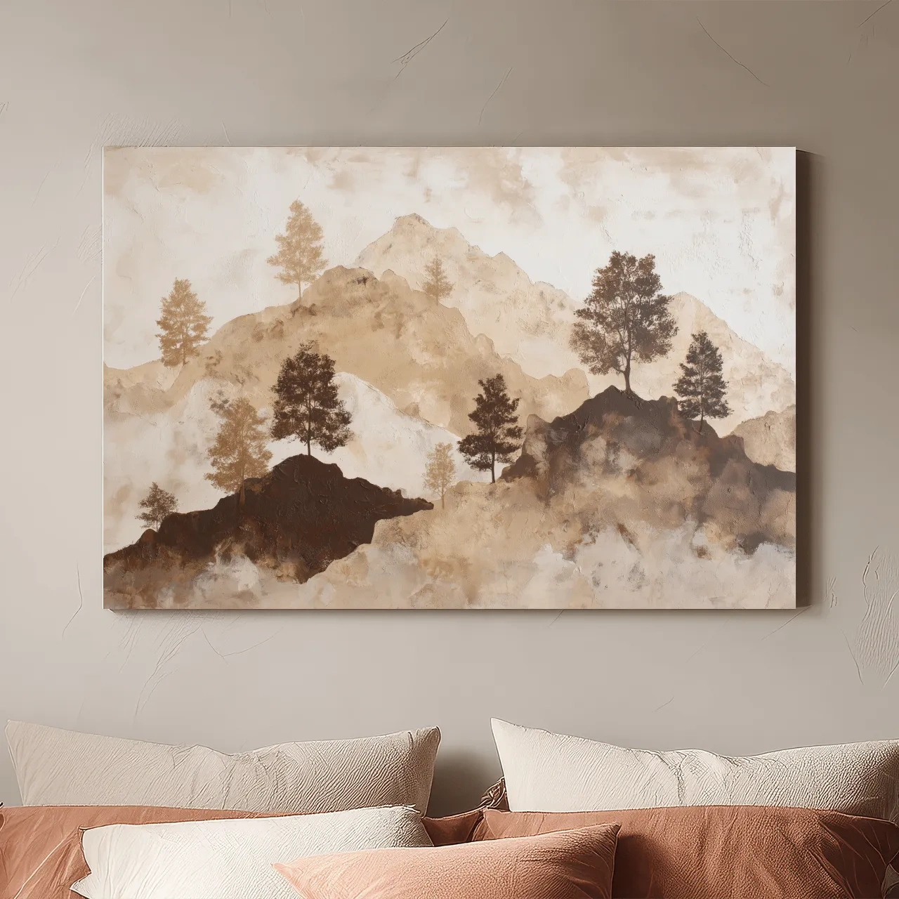 Wabi-Sabi Mountain Tree Silhouettes Painting - Minimalist Landscape Wall Art
