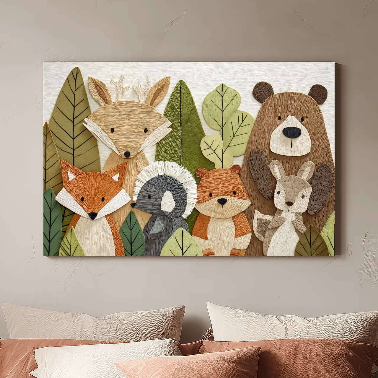 Woodland Animal Nursery Decor - Cute Forest Animals Embroidery Style Wall Art