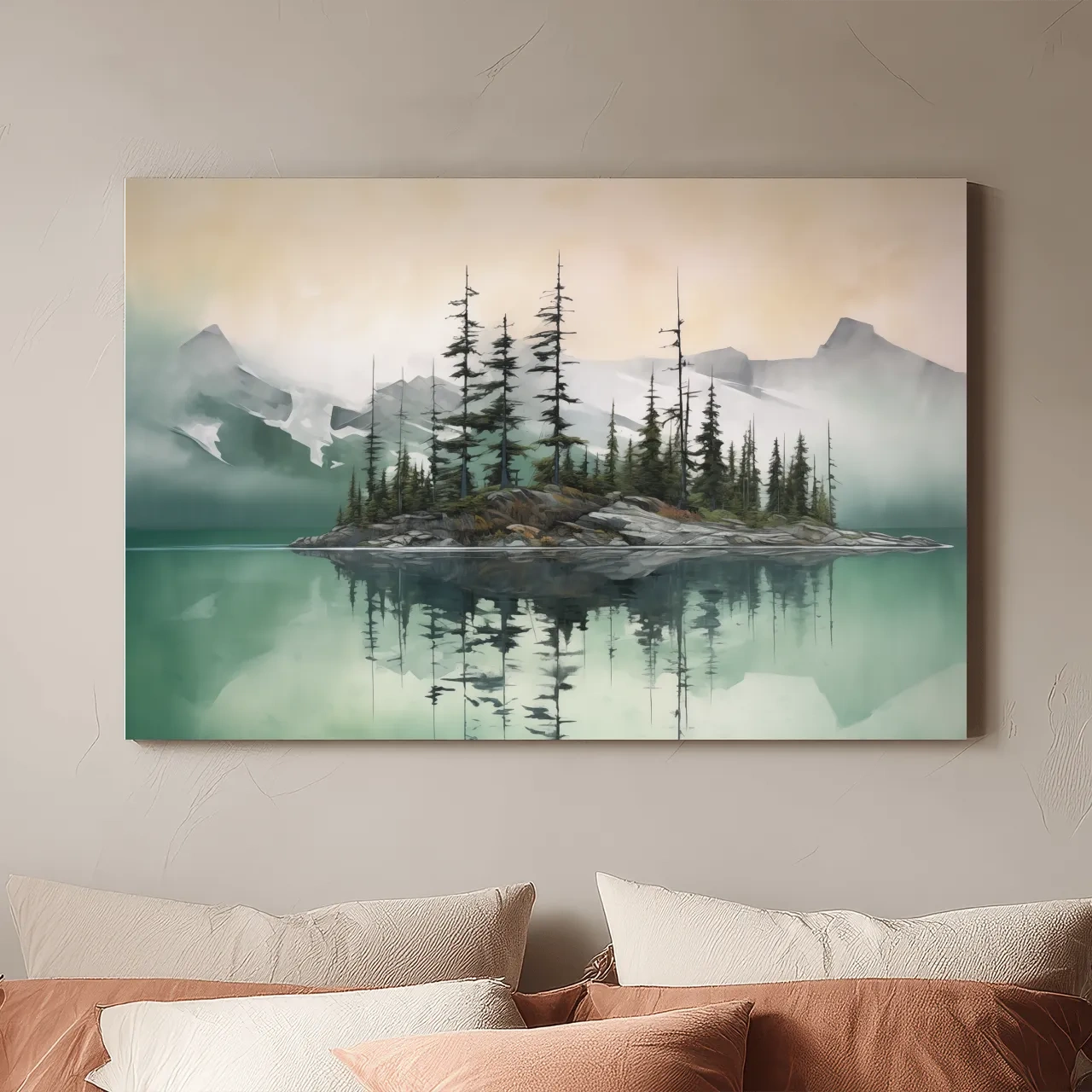 Misty Turquoise Alpine Lake Reflection - Serene Watercolor Mountain Landscape Wall Art