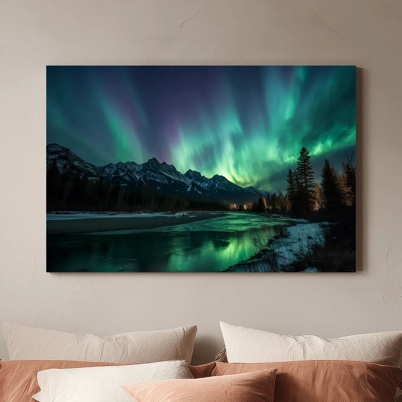 Vibrant Green Northern Lights Over Frozen Lake - Aurora Borealis Landscape Wall Art
