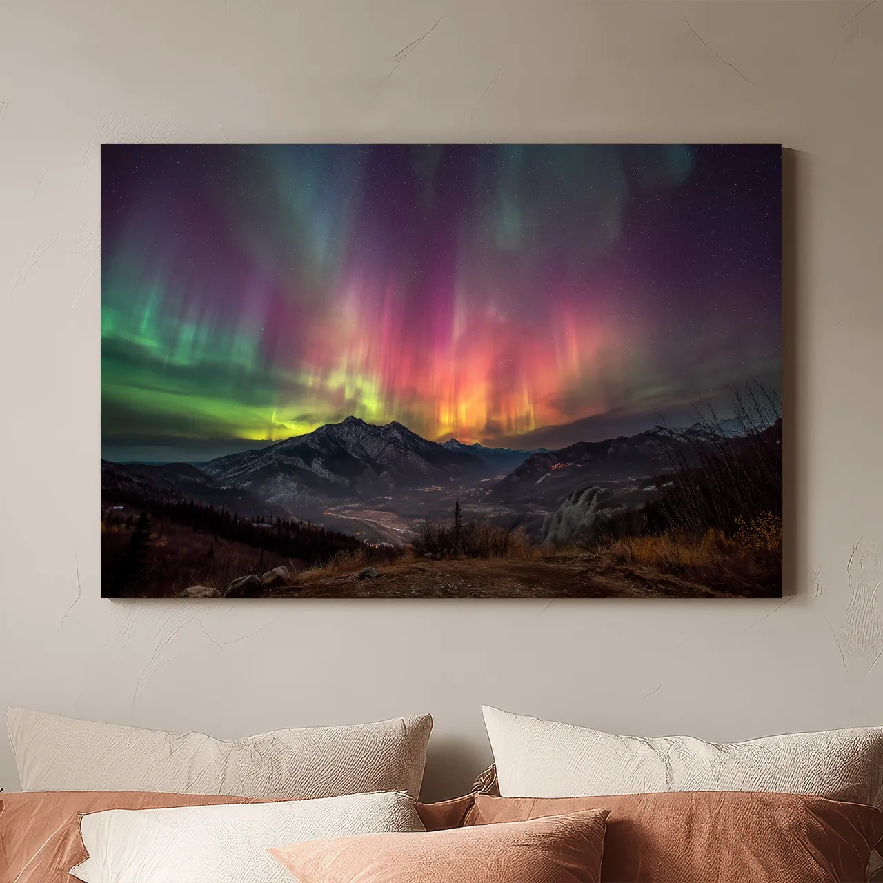 Vibrant Aurora Borealis Over Mountain Range - Colorful Northern Lights Landscape Wall Art