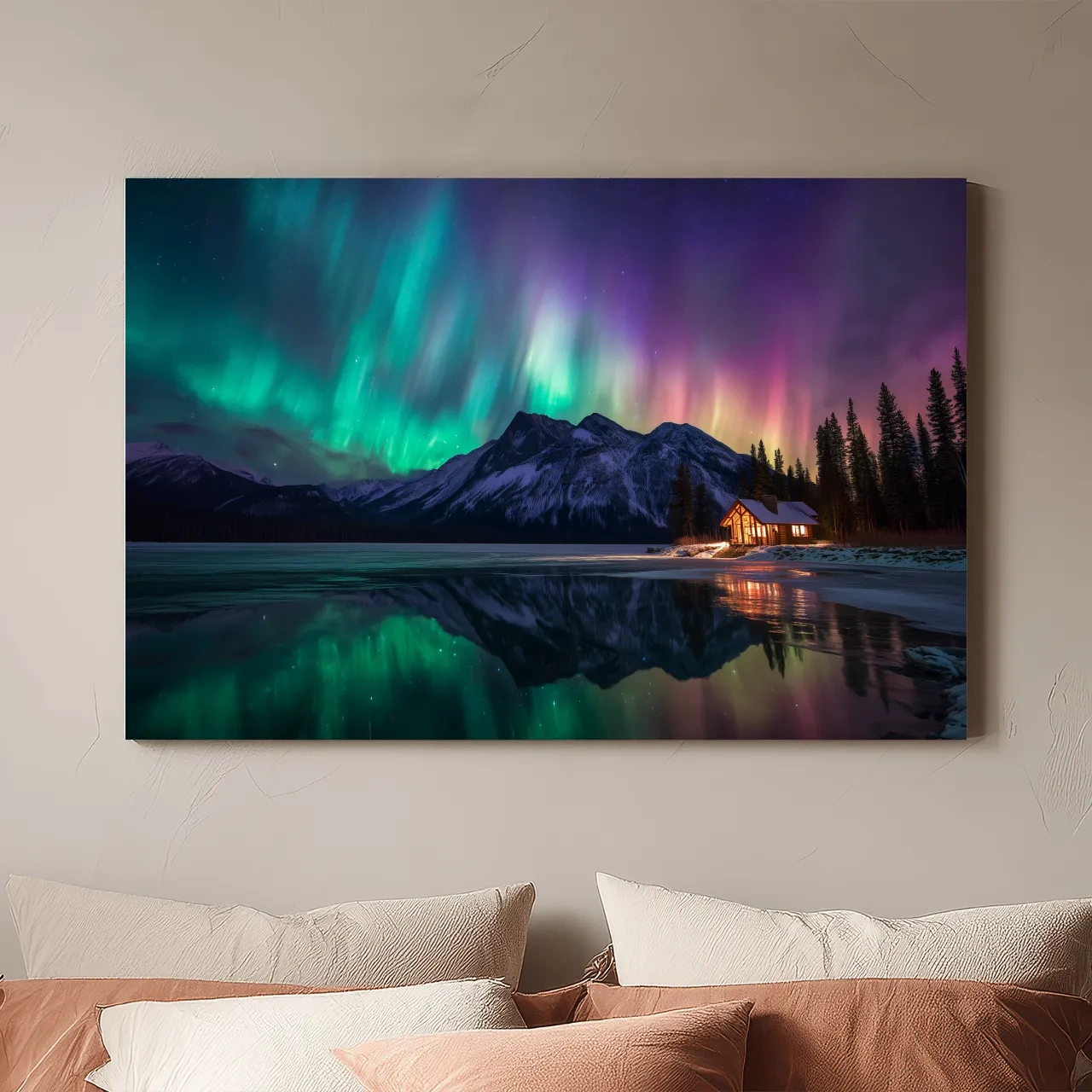 Vibrant Northern Lights Over Mountain Lake Cabin - Aurora Borealis Landscape Wall Art