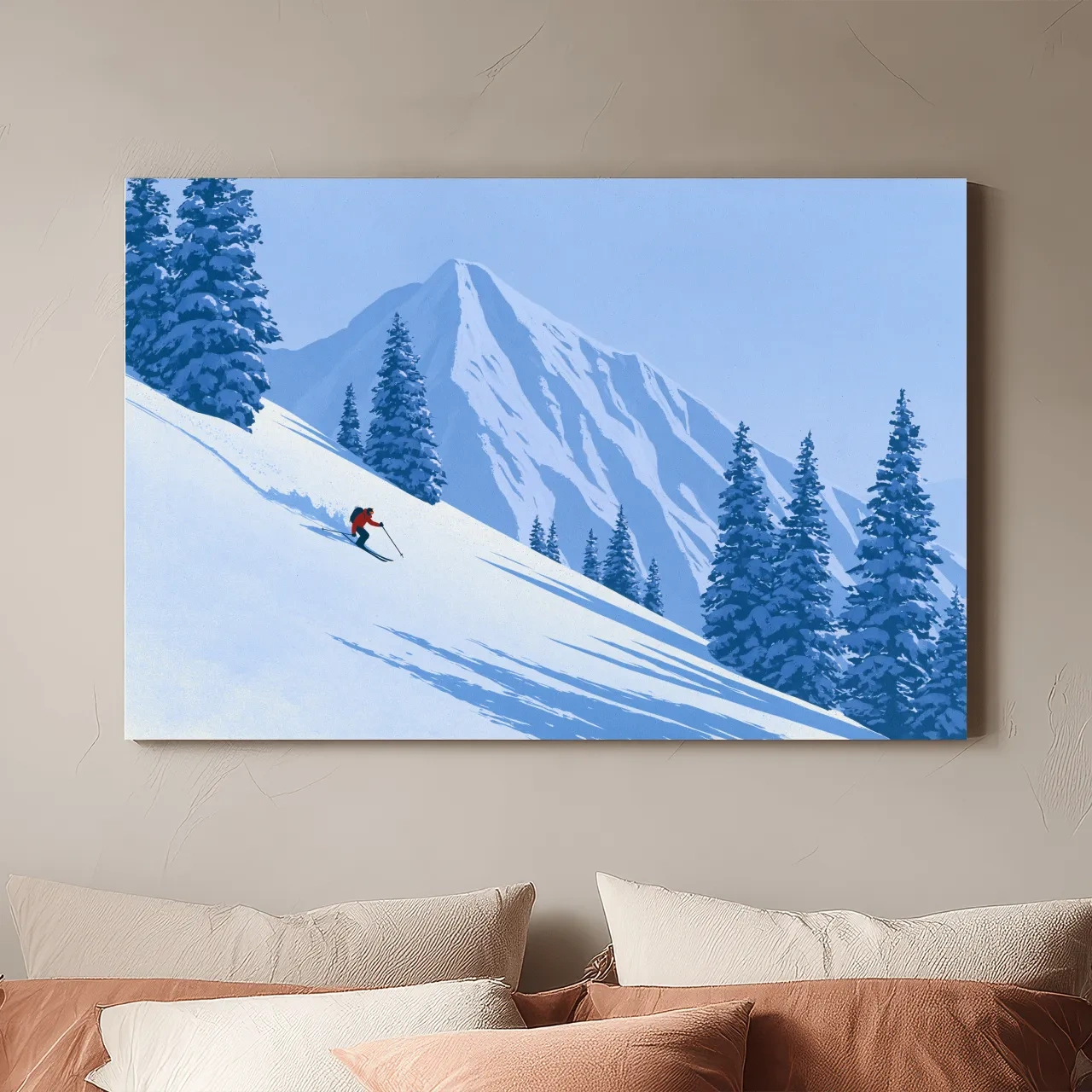 Minimalist Snowy Mountain Skier Landscape - Winter Alpine Illustration Wall Art