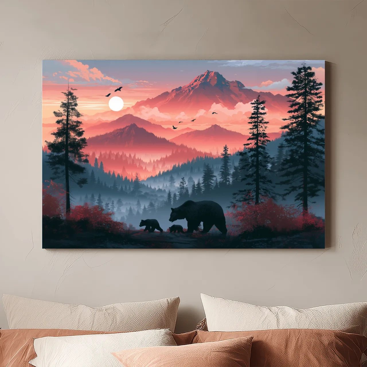 Sunset Mama Bear & Cubs Silhouette - Forest Wildlife Wall Art