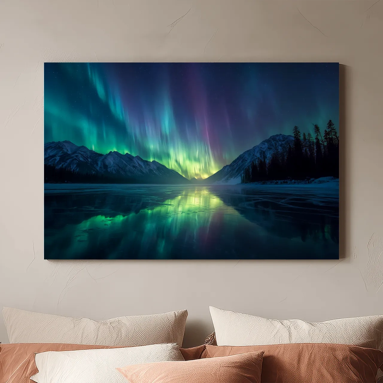 Vibrant Northern Lights Over Icy Mountain Lake - Aurora Borealis Wall Art