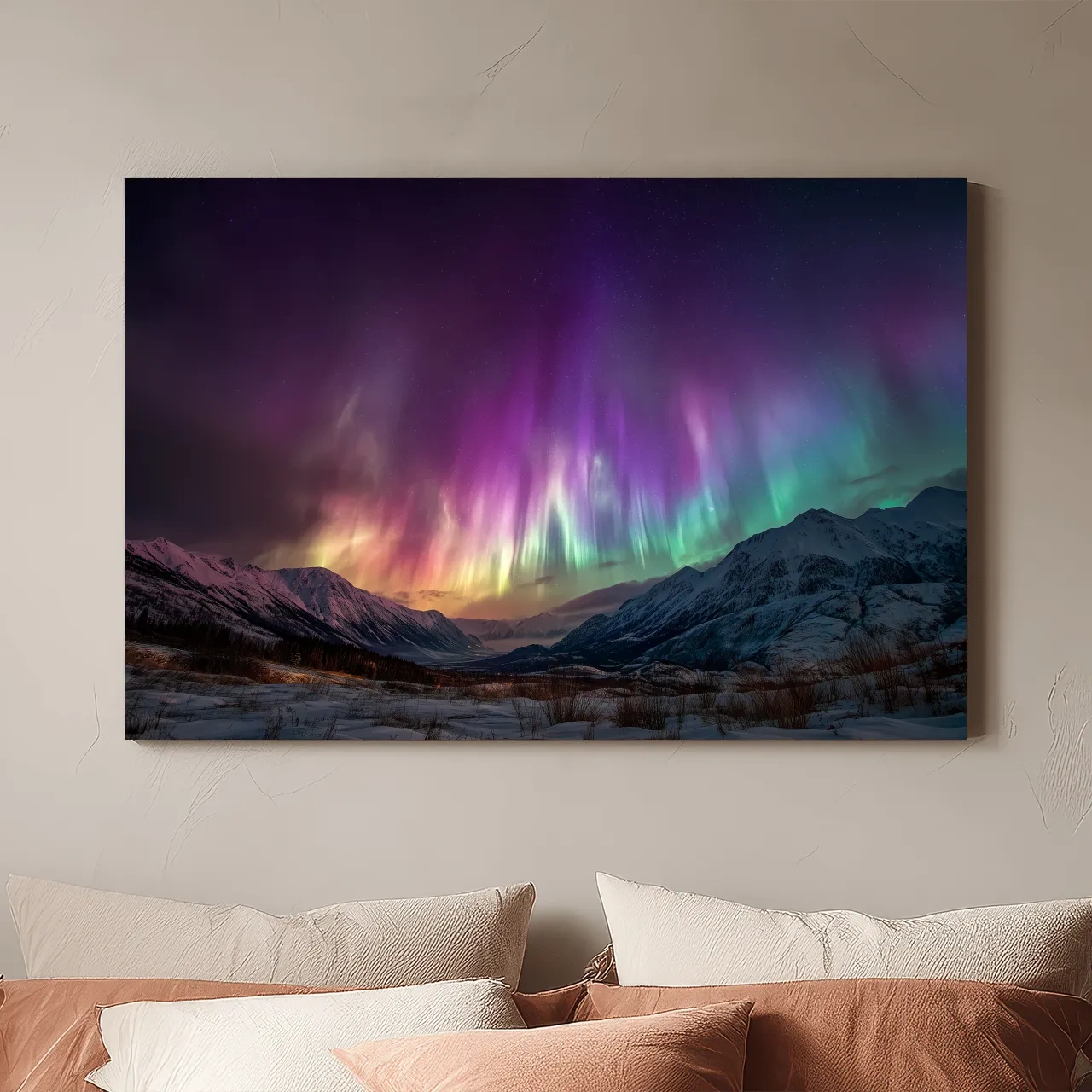 Vibrant Aurora Borealis Over Snowy Mountains - Northern Lights Night Sky Wall Art