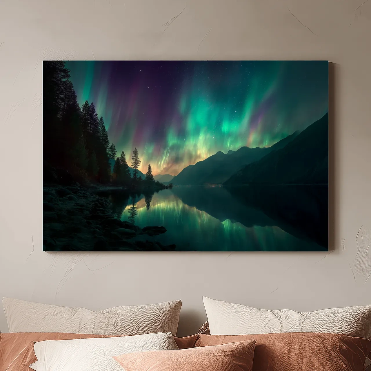Vibrant Northern Lights Lake Reflection - Aurora Borealis Mountain Wall Art
