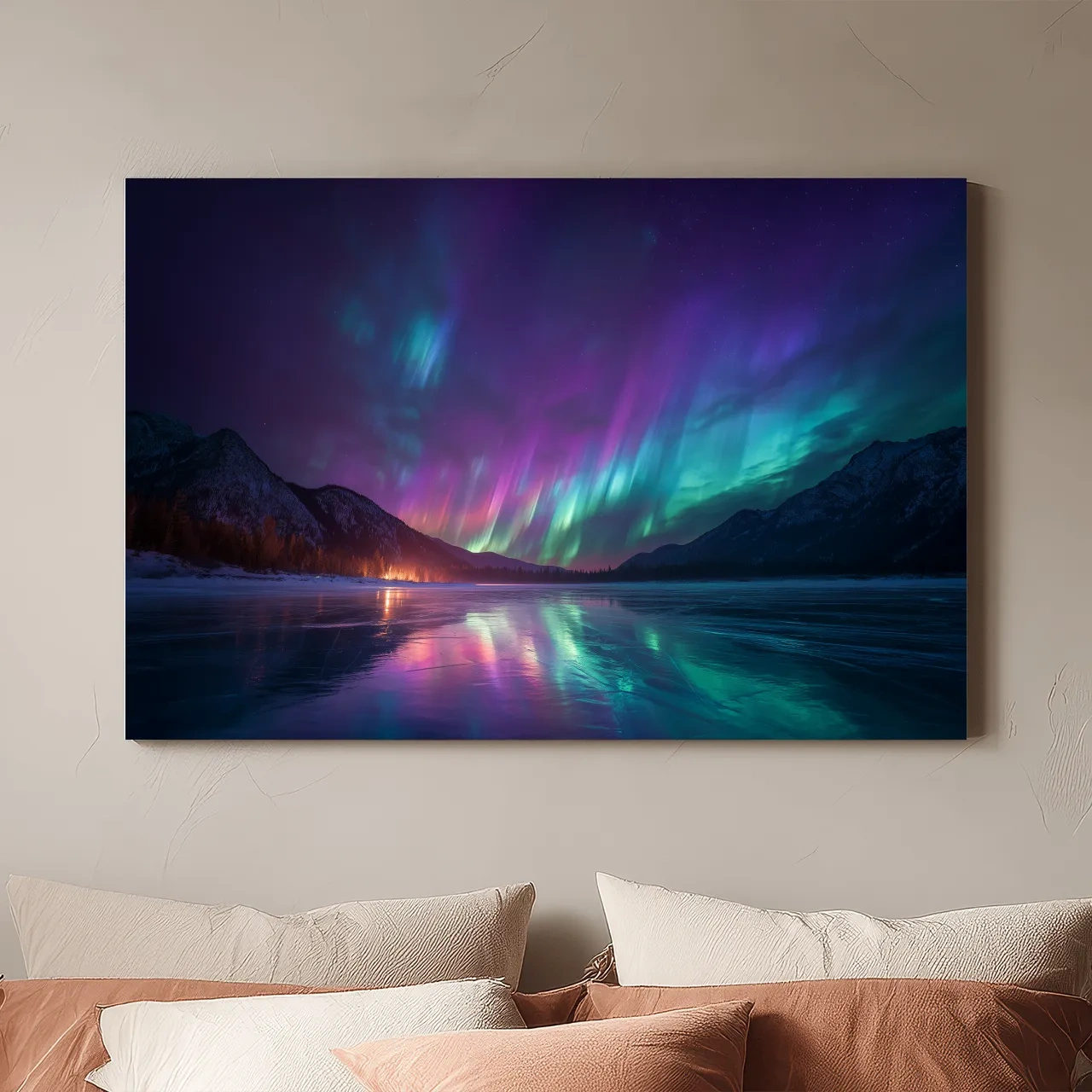 Vibrant Aurora Borealis Over Frozen Lake - Northern Lights Mountain Wall Art