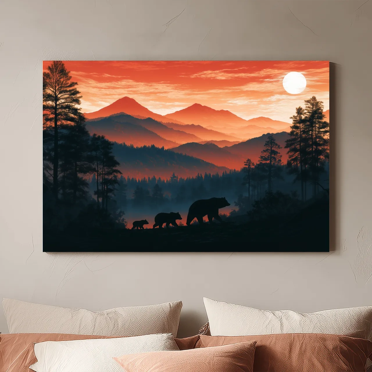 Mountain Sunset Bear Family Silhouettes - Wilderness Landscape Artwork