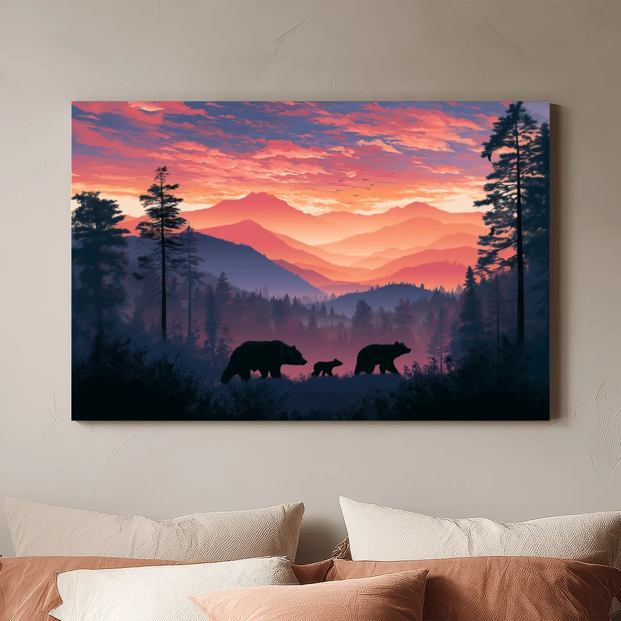 Moody Sunset Mountain Bear Family Silhouettes - Wildlife Wall Art