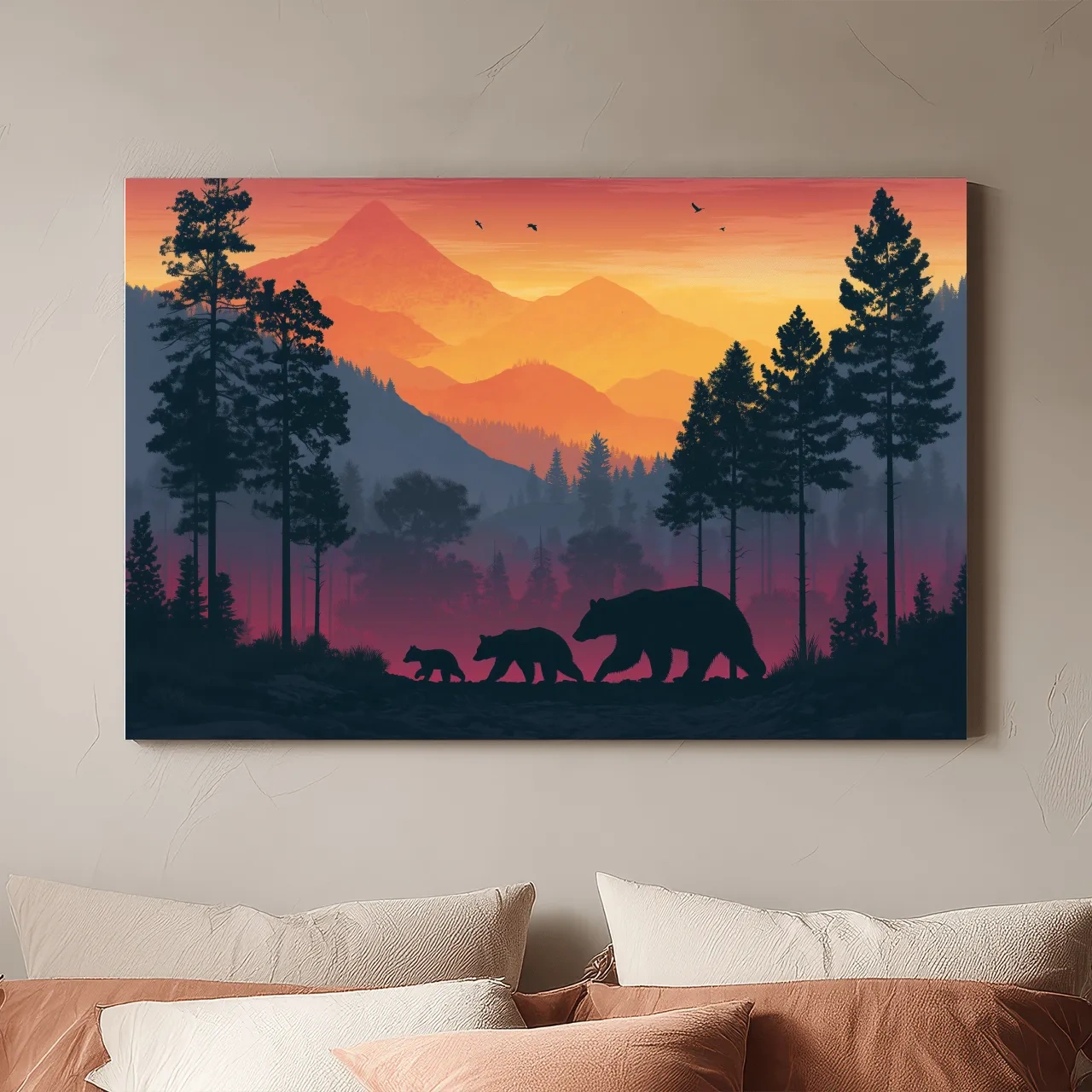 Sunset Momma Bear & Cubs Silhouette - Forest Wildlife Wall Art