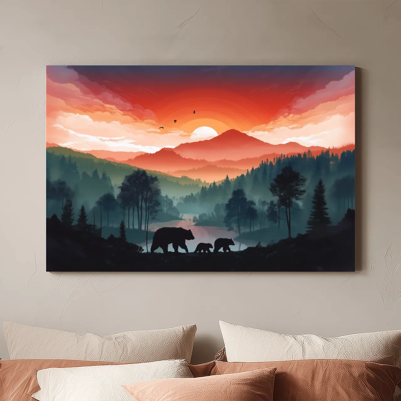 Sunset Bear Family Silhouette Landscape - Misty Mountain Forest Wall Art