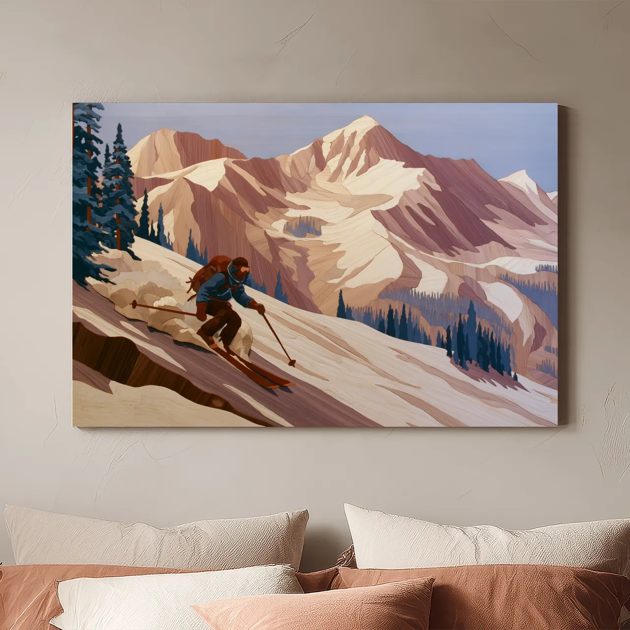 Backcountry Skier Descending Snowy Alpine Peaks - Modern Outdoor Adventure Wall Art