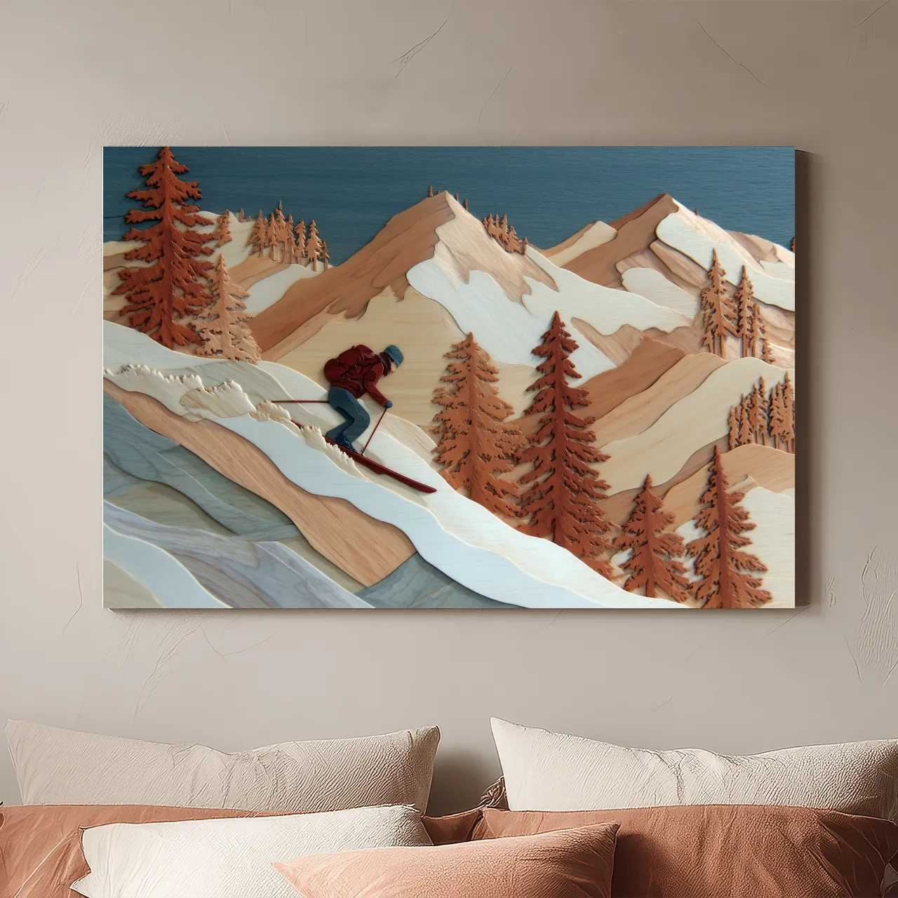 Wood Intarsia Style Skier Mountain Scene - Winter Alpine Wall Art