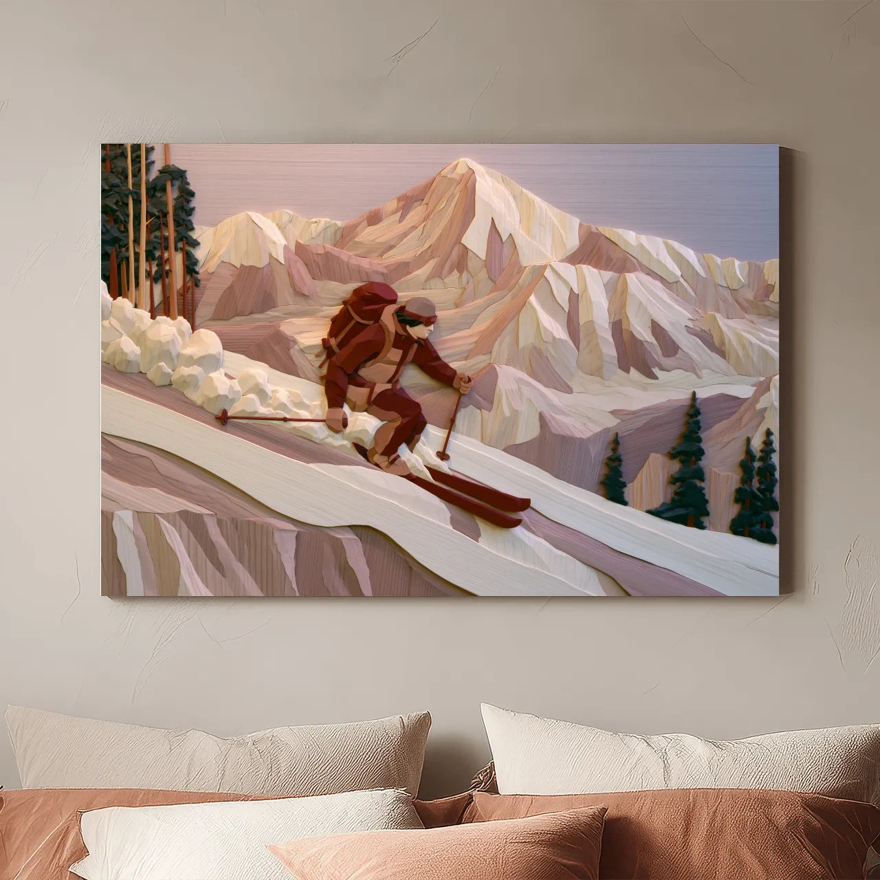 Geometric Backcountry Skier In Alpine Peaks - Winter Mountain Adventure Wall Art