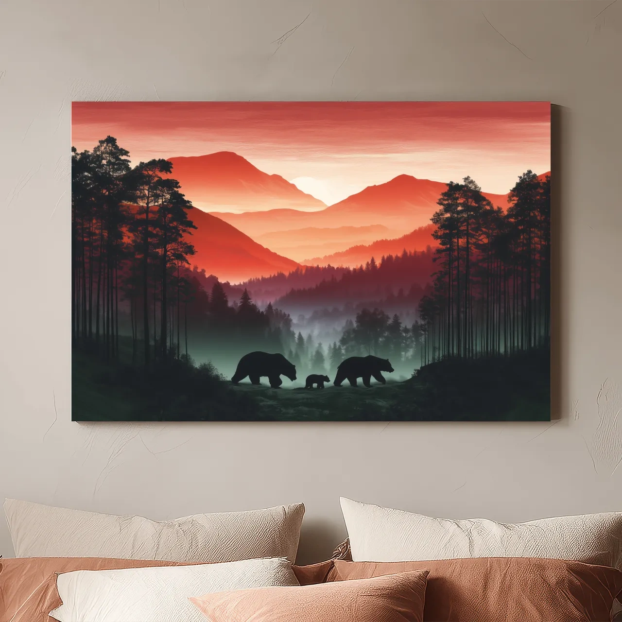 Moody Sunset Mountain Bear Family Silhouettes - Misty Forest Wildlife Wall Art