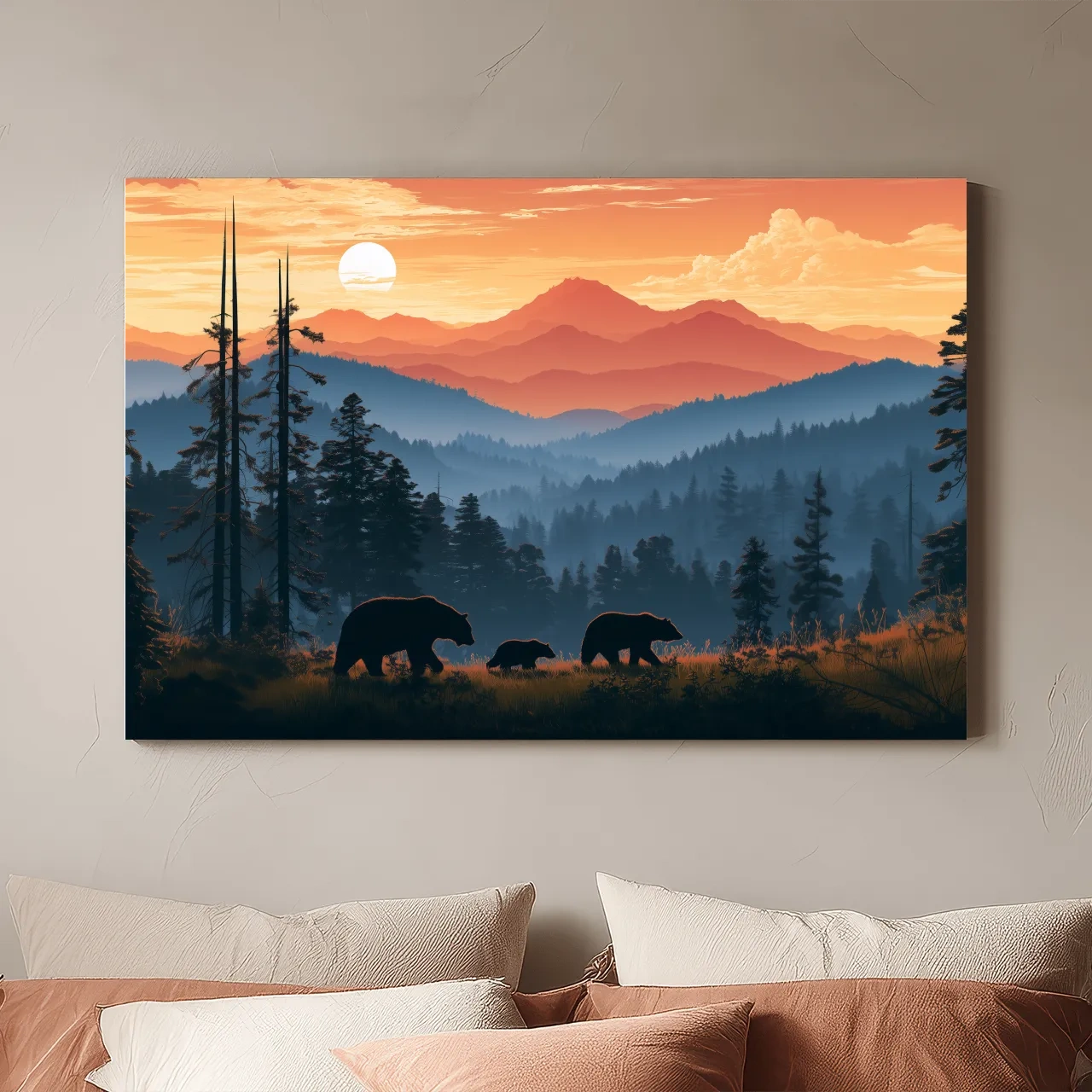 Bear Family Silhouettes - Mountain Sunset Wildlife Wall Art