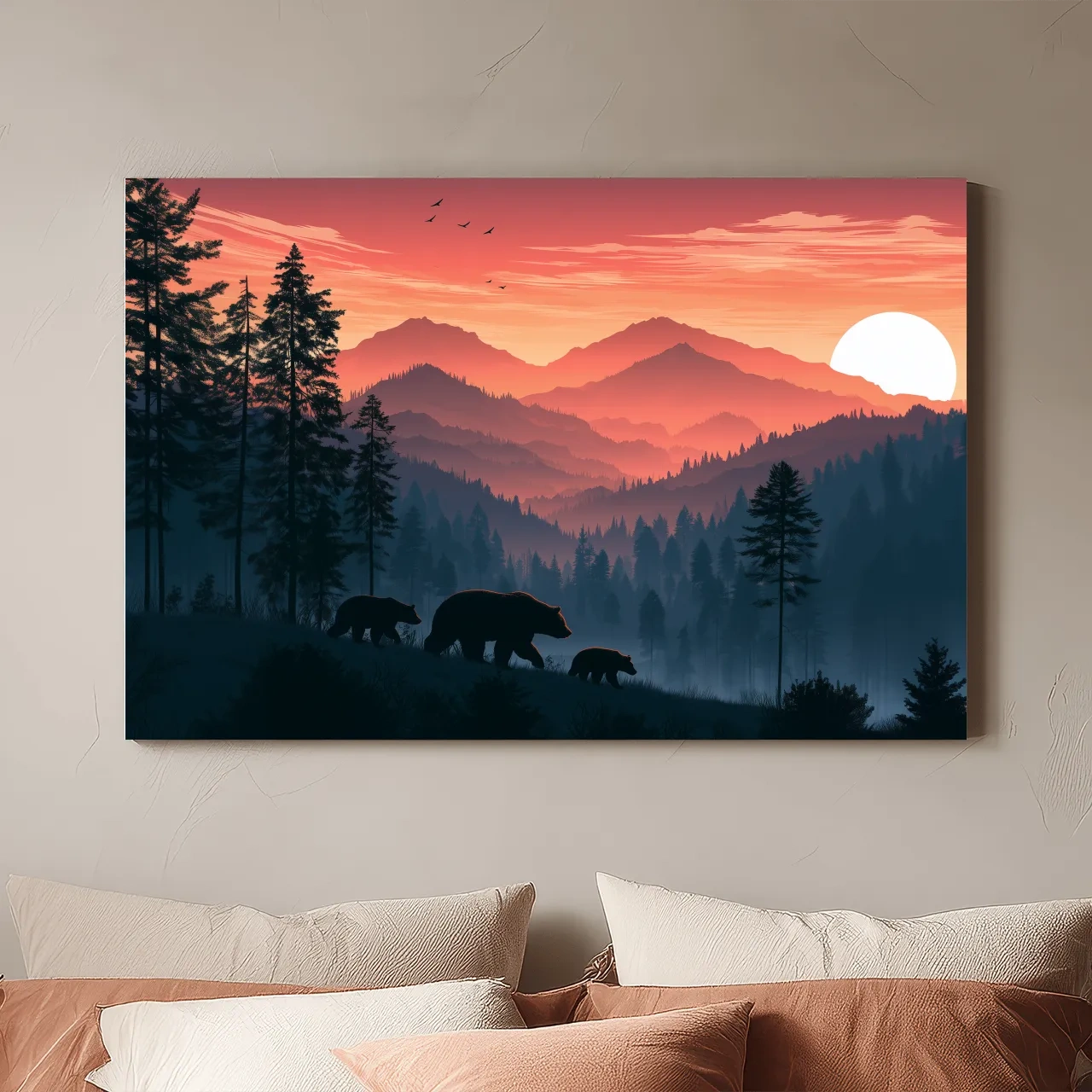 Bear Family Silhouette Mountain Sunset - Wildlife Landscape Wall Art
