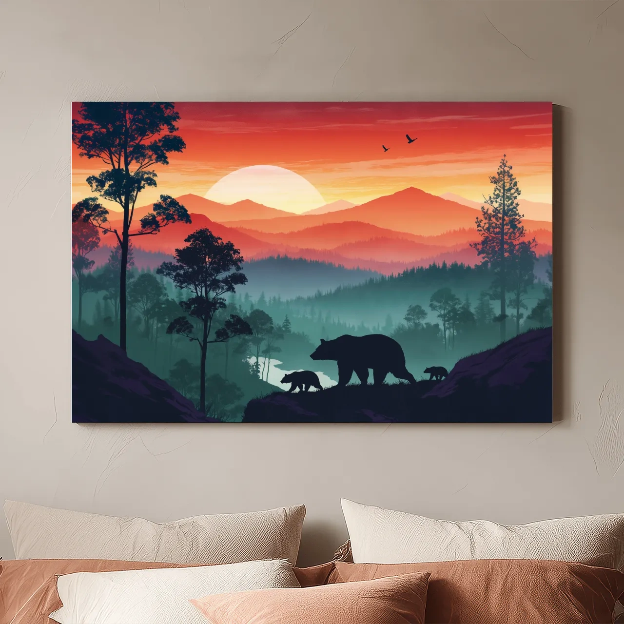 Sunset Mama Bear & Cubs Silhouette - Misty Forest Landscape Artwork