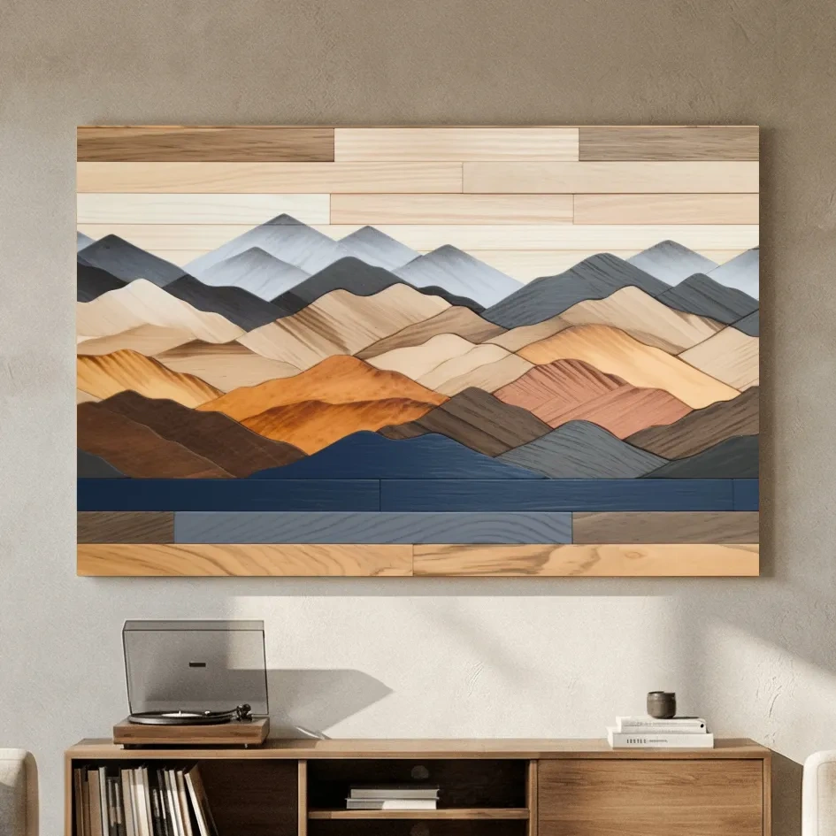 Rustic Layered Wooden Mountain Range Panorama - Modern Geometric Wall Art