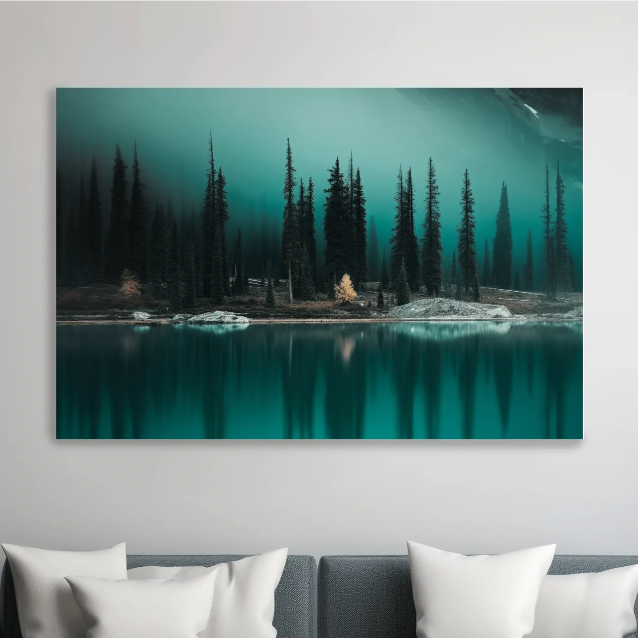 Trees on a turquoise alpine lake, mountain painting