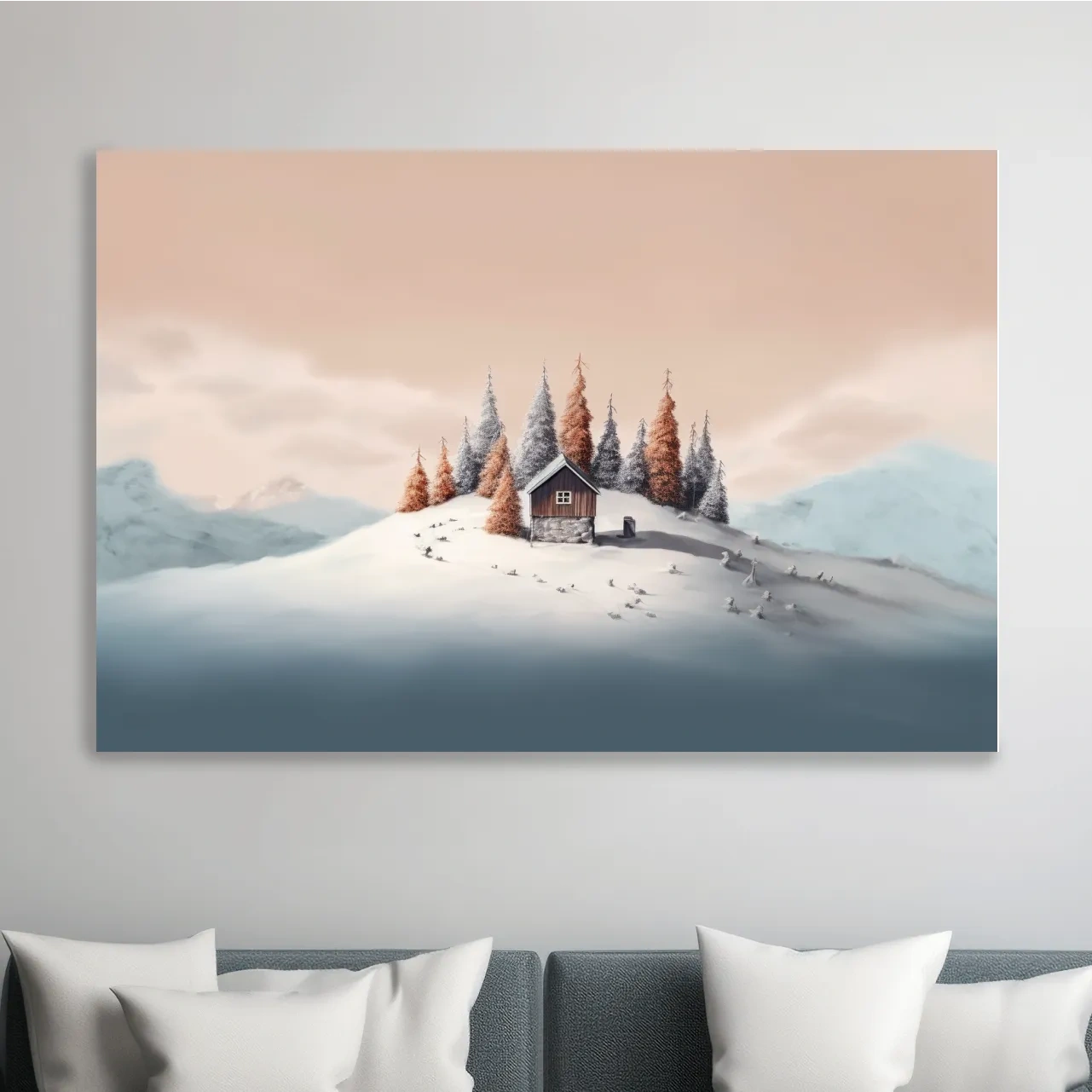 Minimal painting, cabin in the snow