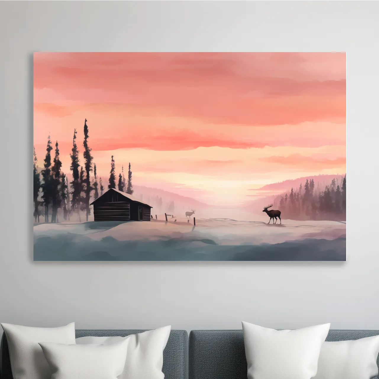 Sunset mountain scene, deer in the snow