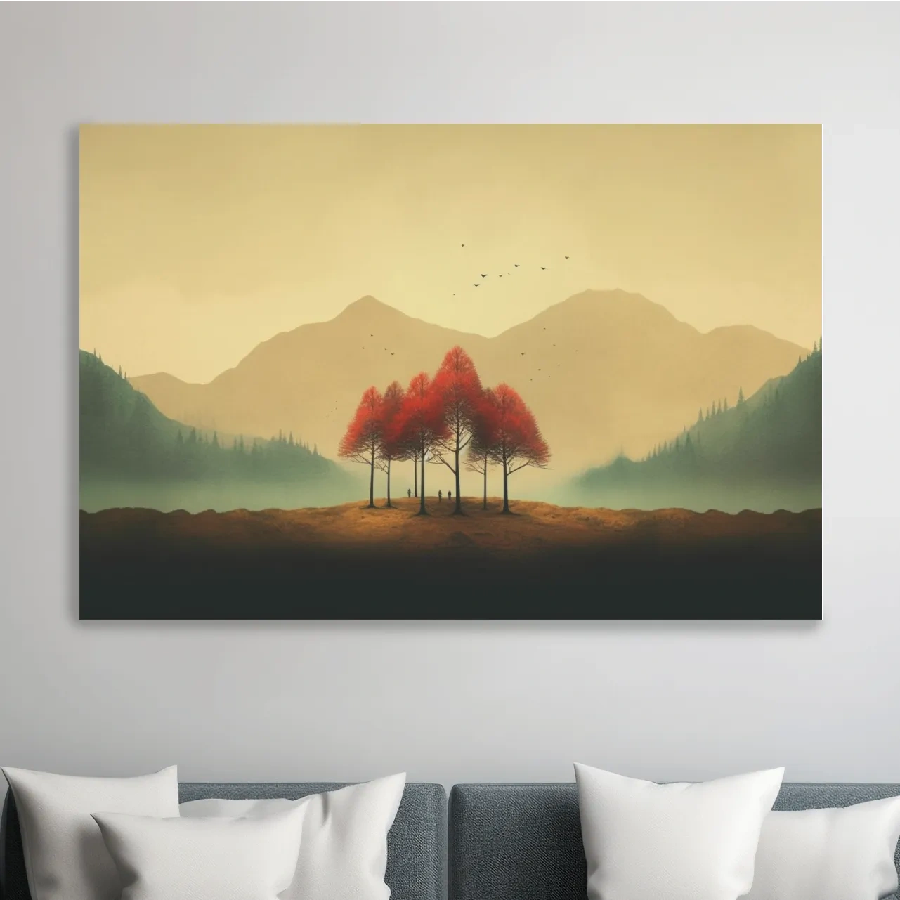 Landscape mountain artwork, minimal painting of autumn trees in the fog