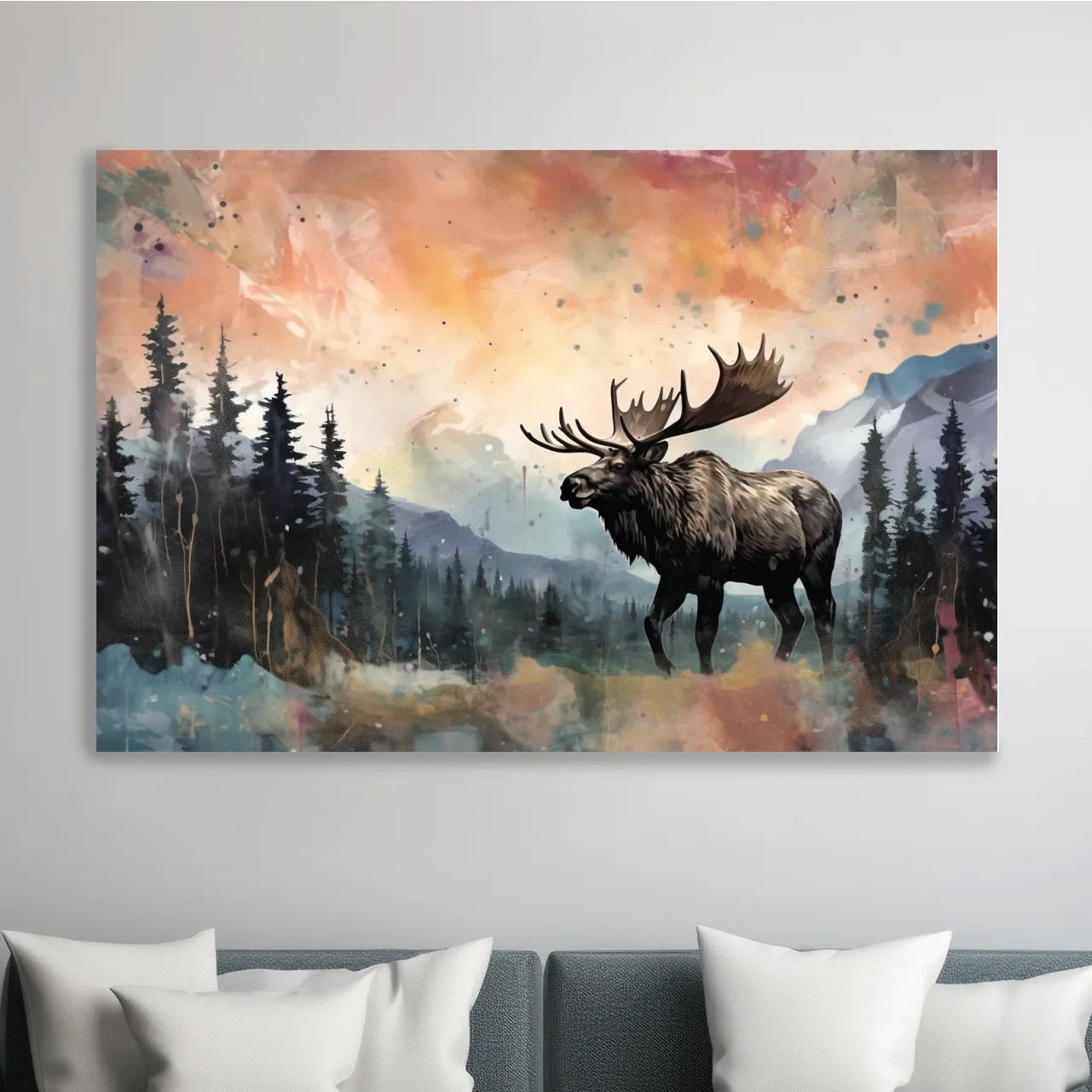 Watercolor Moose In Misty Mountain Forest - Rustic Wildlife Wall Art