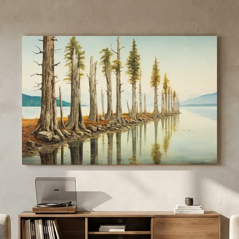 Serene Lakeside Pine Forest Reflections - Watercolor Landscape Wall Art