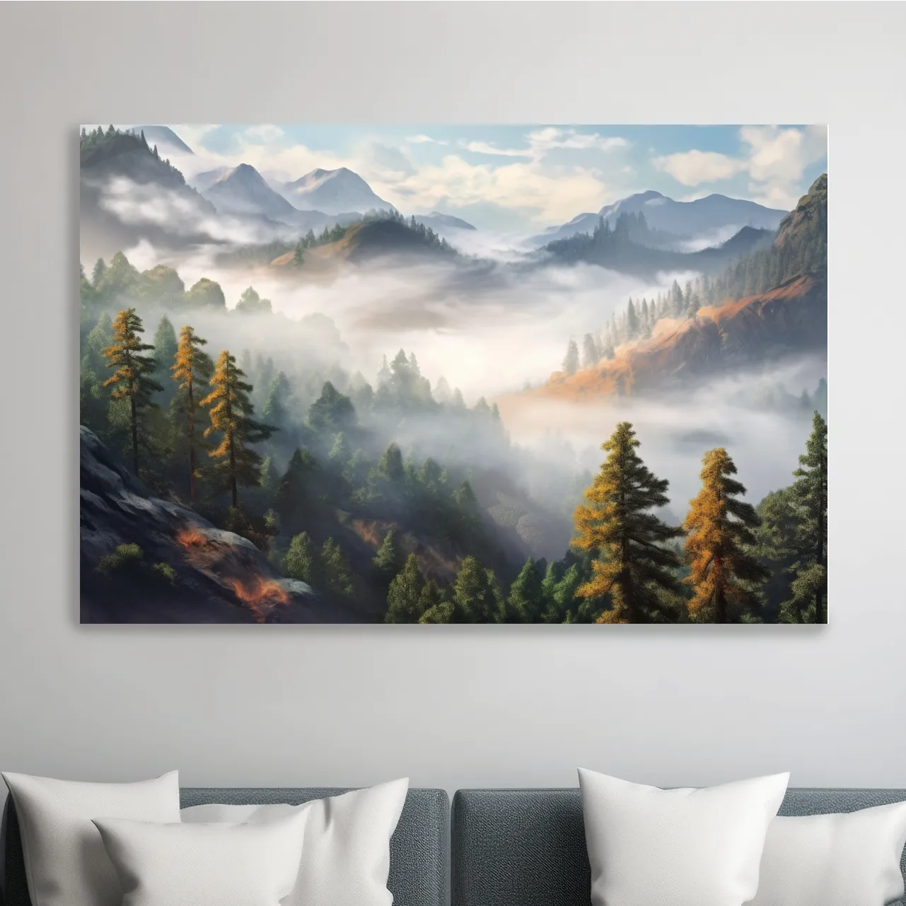Painting of fog rolling through the trees and mountains