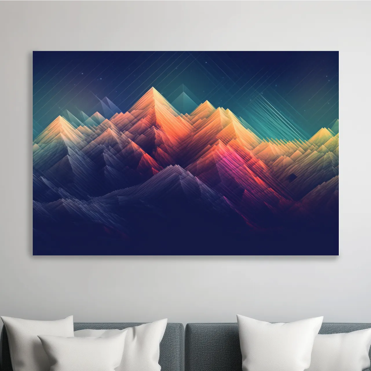 Glitched line art of a mountain landscape