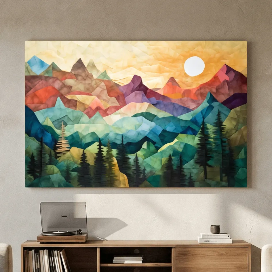 Abstract Sunset Mountain Canvas - Vibrant Patchwork Mosaic Art