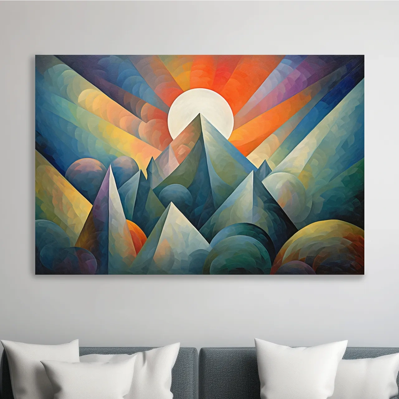 Abstract painting of mountains at sunrise