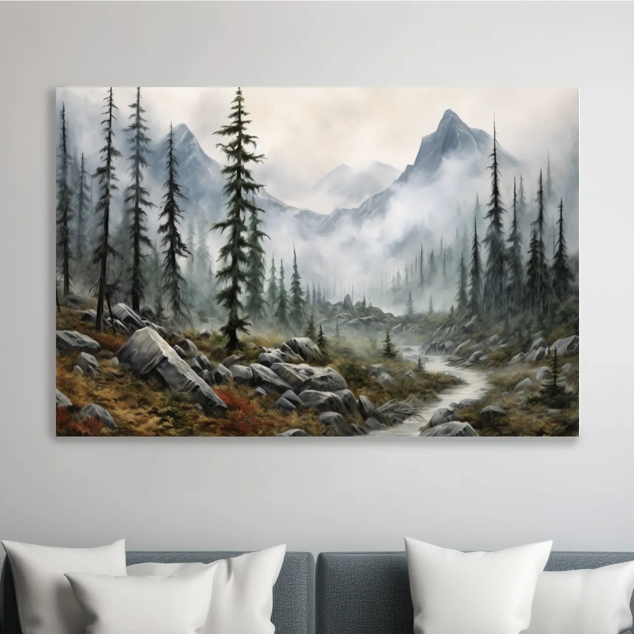 Painting of fog rolling through mountain scenery