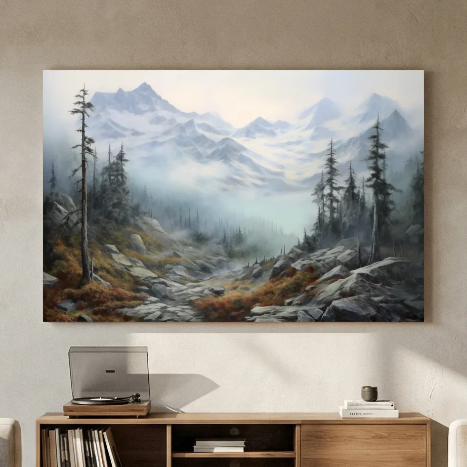 Misty Alpine Valley Painting - Moody Foggy Mountain Landscape Wall Art